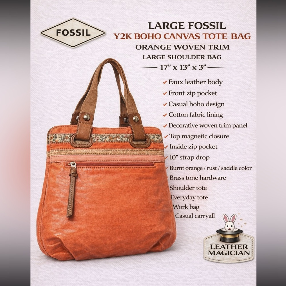 Fossil Key Per Y2K Boho Canvas Tote Orange Large Shoulder Bag Woven Trim